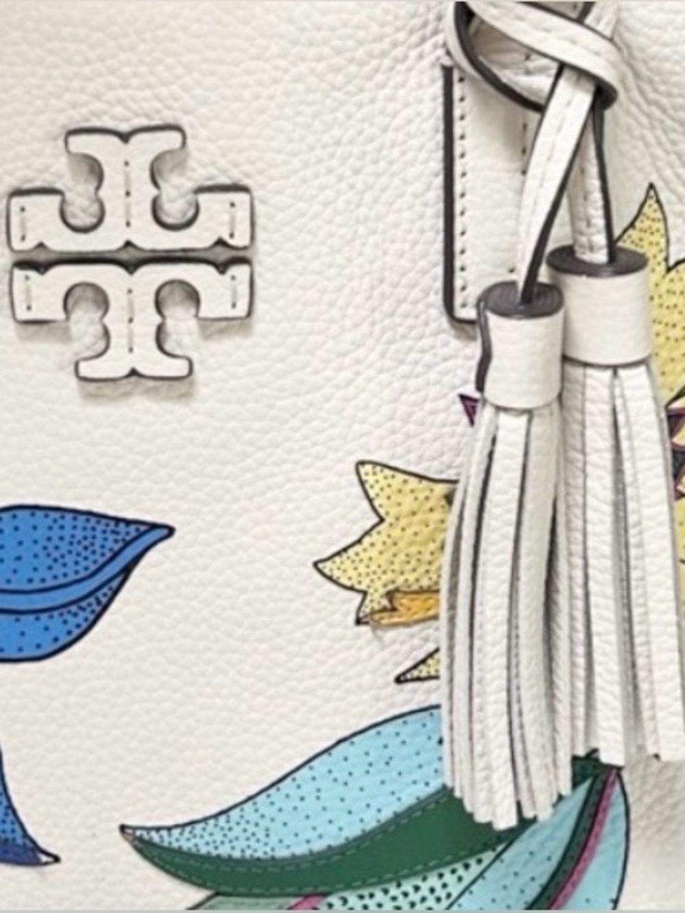 TORY BURCH Thea Applique White Floral Pebble Leather Satchel - Picture 3 of 16